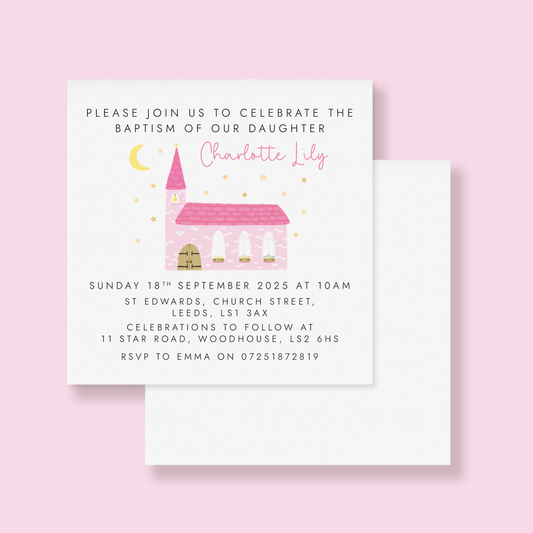 Personalised Christening Invitations for Girls – Pink Church Design