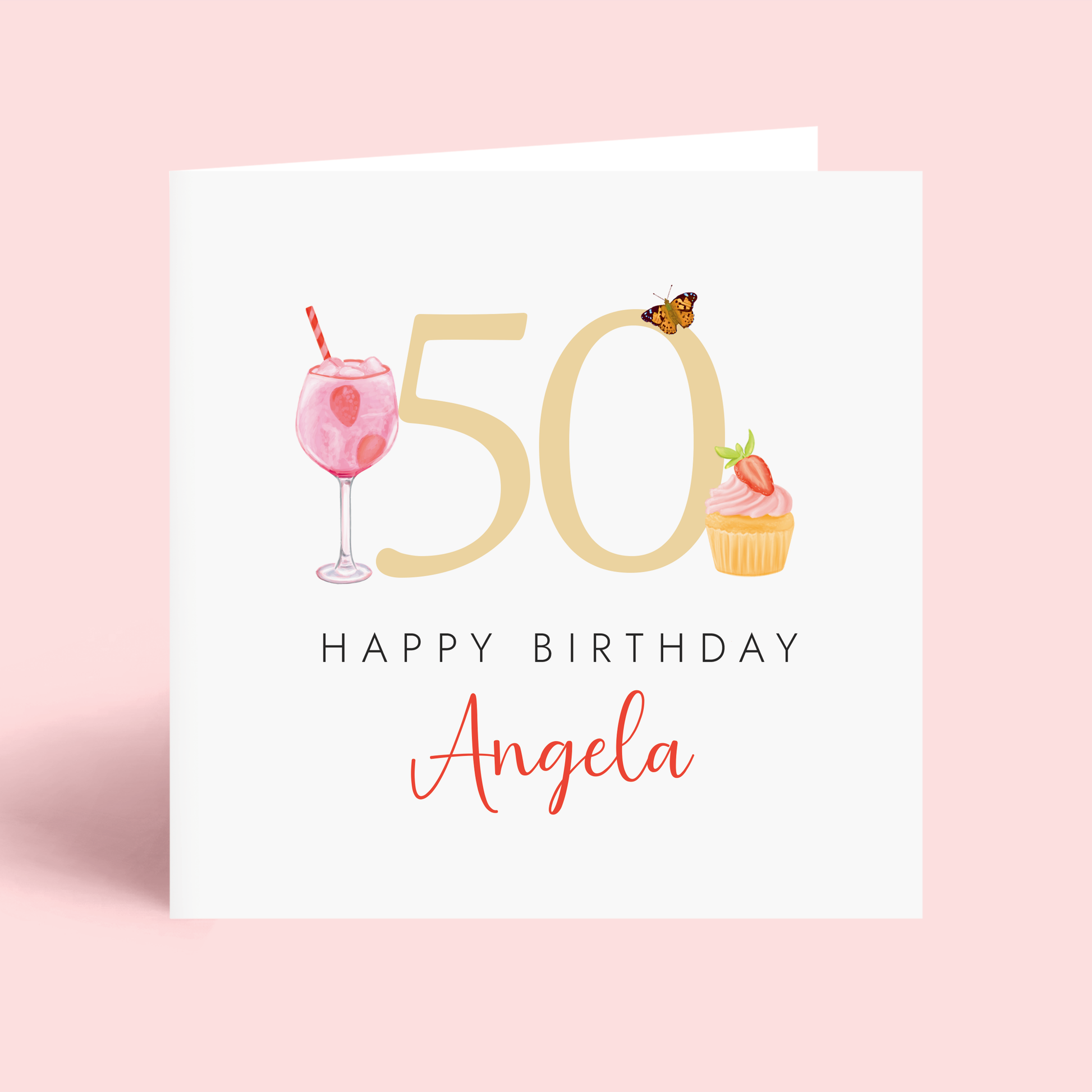 Personalised 50th birthday card for her with pink gin drink, cake, and butterfly illustration