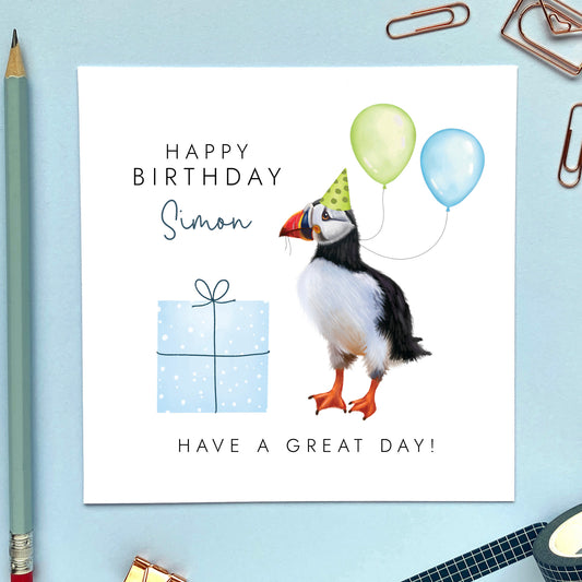 Personalised Puffin Birthday Card for Him