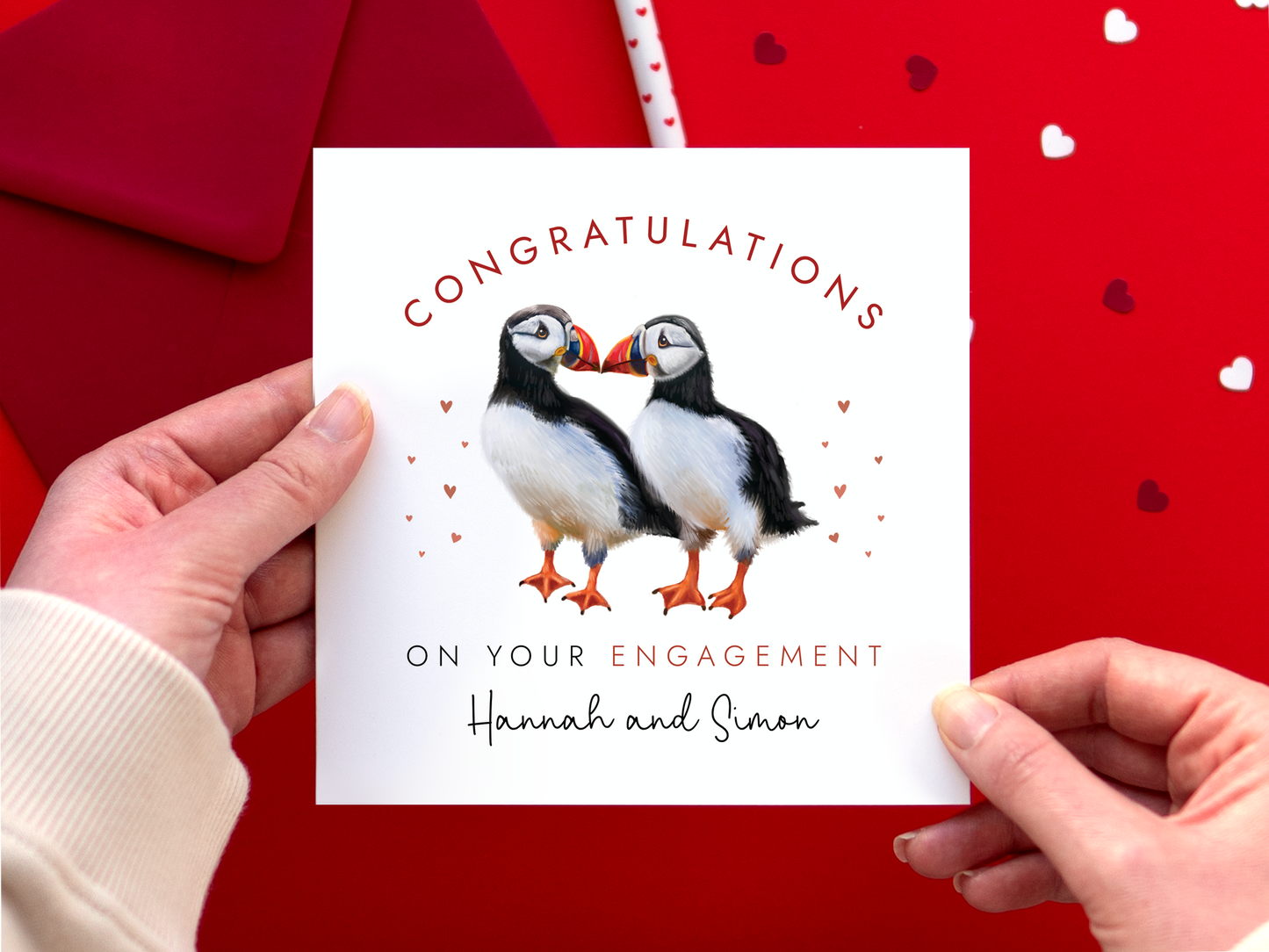 Personalised Puffins Engagement Card, Congratulations on your Engagement with handdrawn puffin bird illustration and hearts