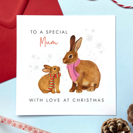 A personalised Christmas Card for Mum featuring a brown Mother Rabbit and a baby bunny.