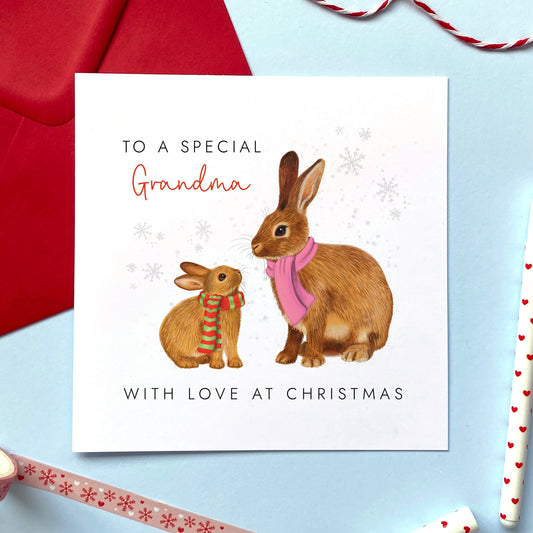 A personalised Christmas Card for Grandma featuring a brown Mother Rabbit and a baby bunny.