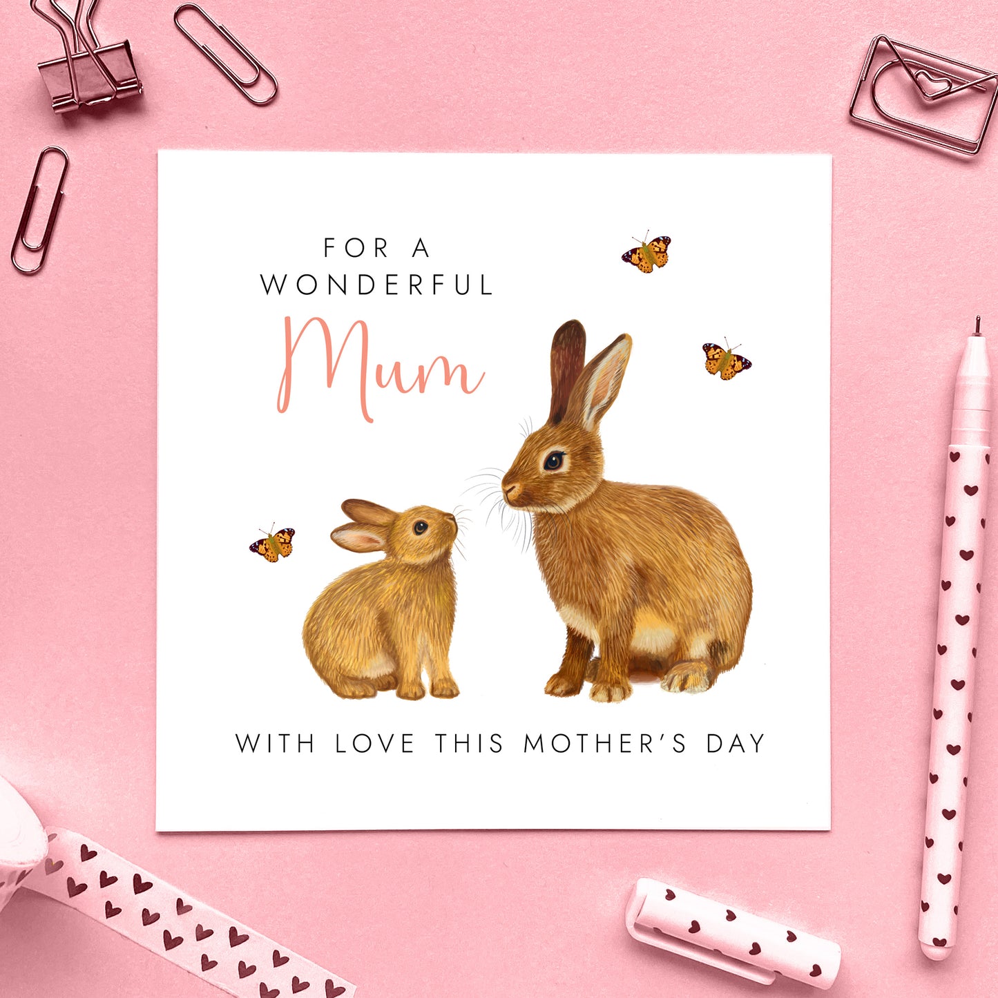 Personalised Rabbits Mother's Day Card for Mum, Brown Bunny Hare with Baby
