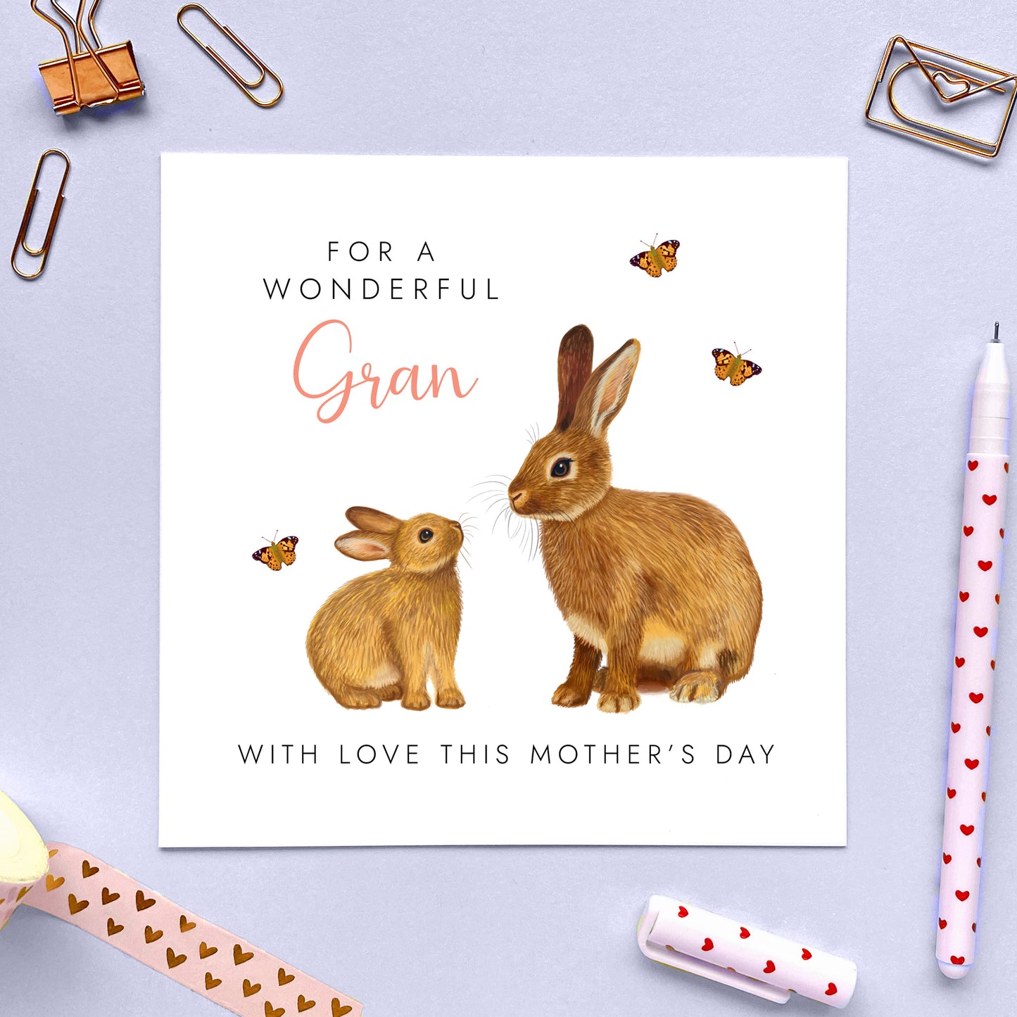 Personalised Rabbits Mother's Day Card for Gran, Brown Bunny Hare with Baby
