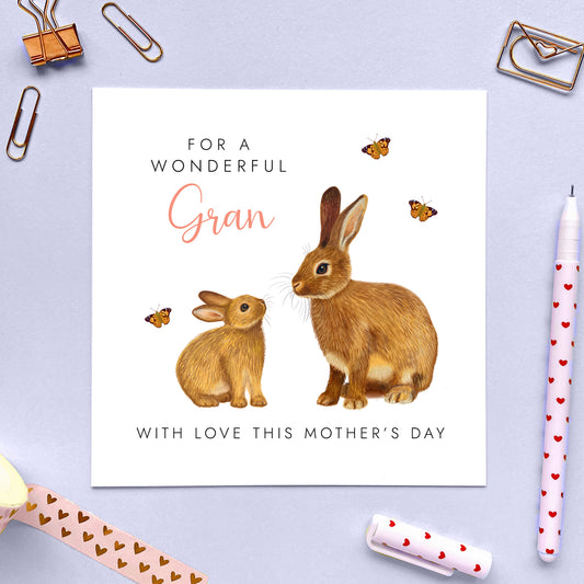 Personalised Rabbits Mother's Day Card for Gran, Brown Bunny Hare with Baby