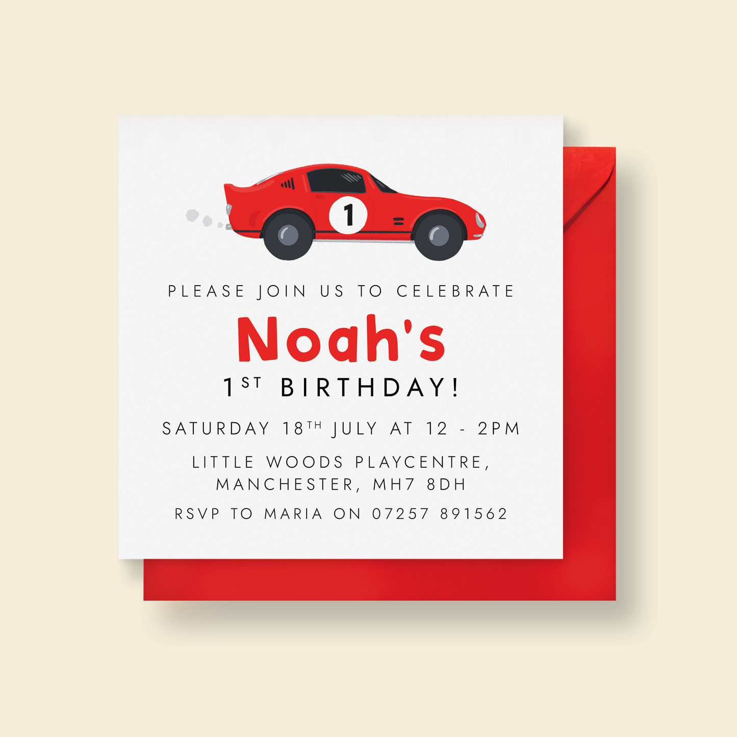 Personalised Red Race Car Party Invitations – Any Age