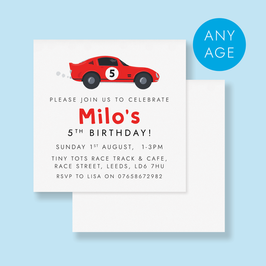 Personalised Red Race Car Party Invitations – Any Age