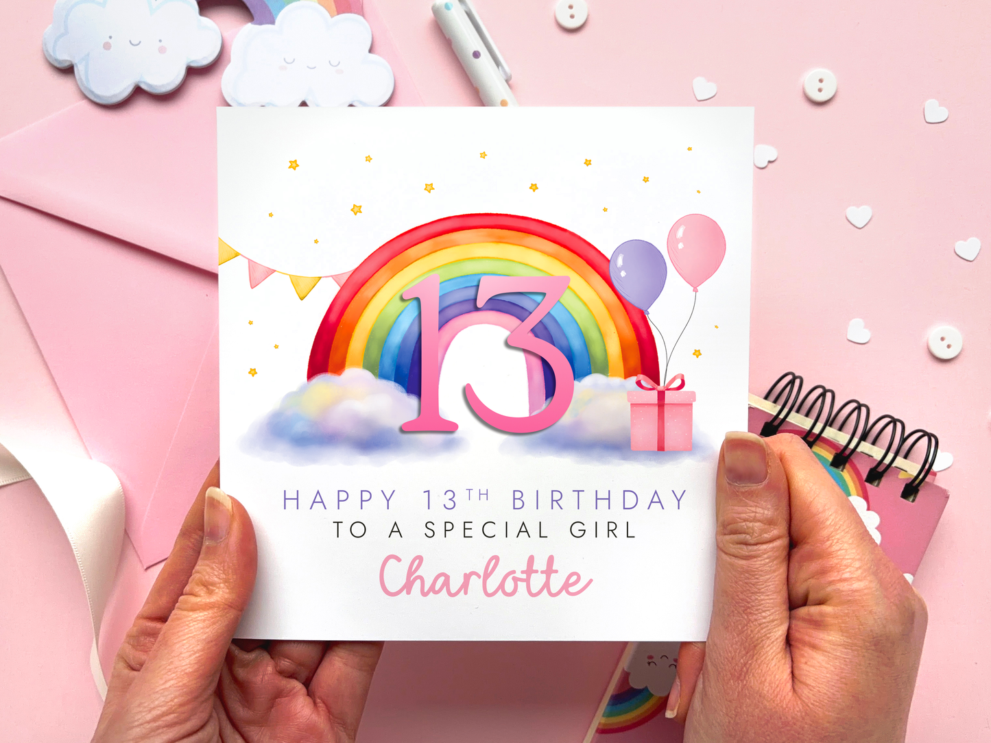 Personalised Rainbow 13th Birthday Card for Girl