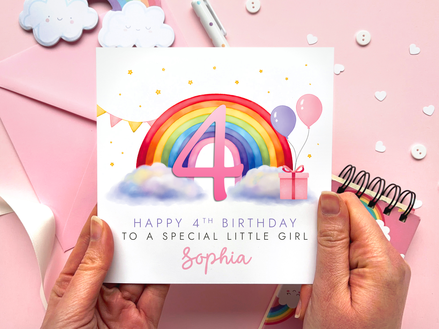 Personalised Rainbow 4th Birthday Card for special Little Girl