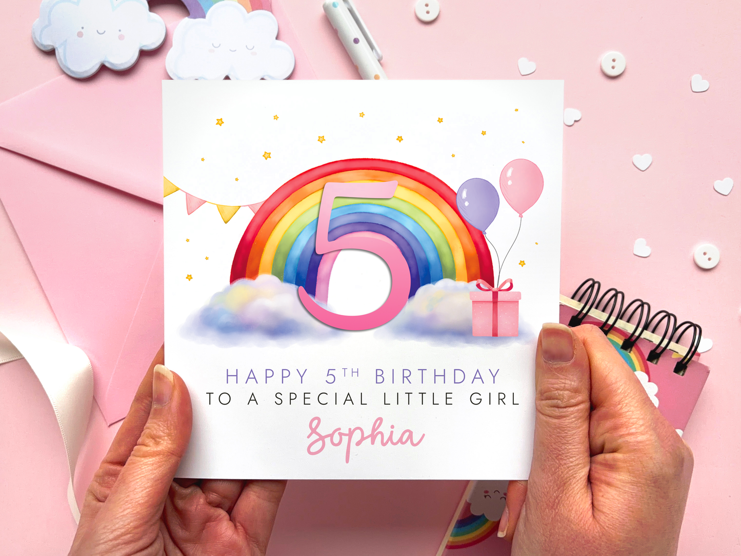 Personalised Rainbow 5th Birthday Card for special Little Girl
