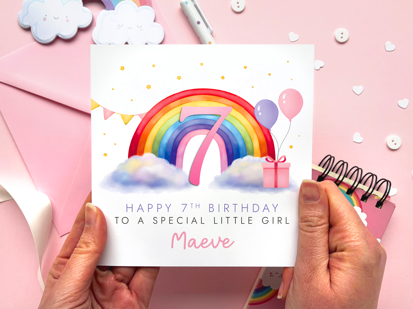Personalised Rainbow 7th Birthday Card for Girl