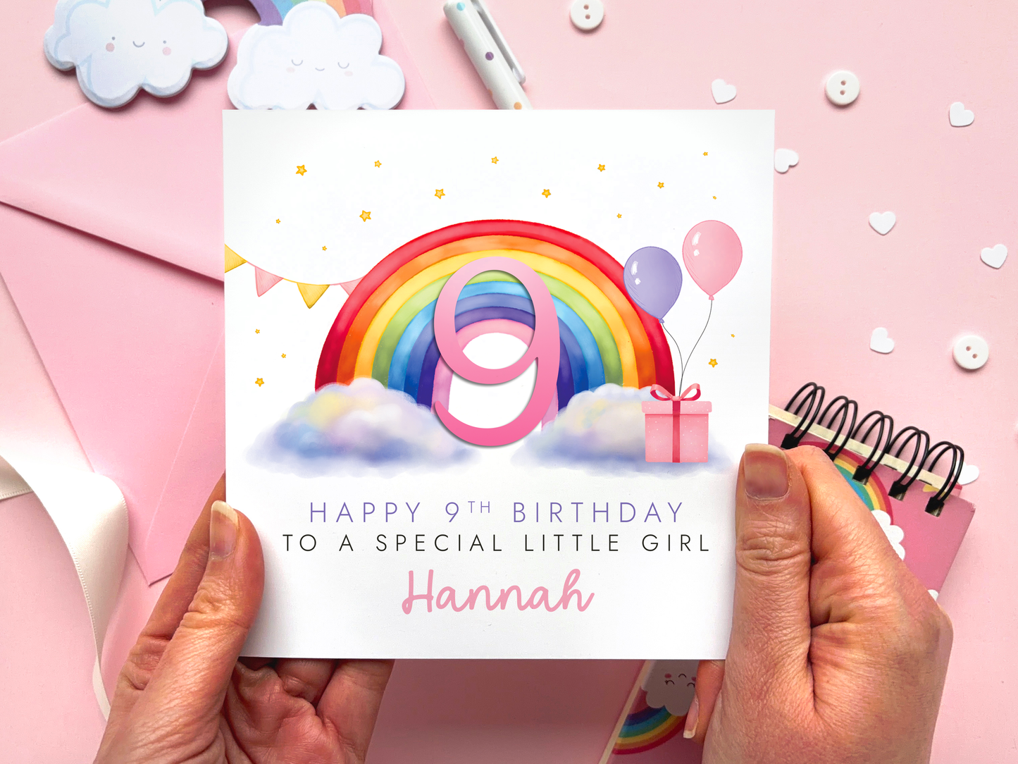 Personalised Rainbow 9th Birthday Card for Girl