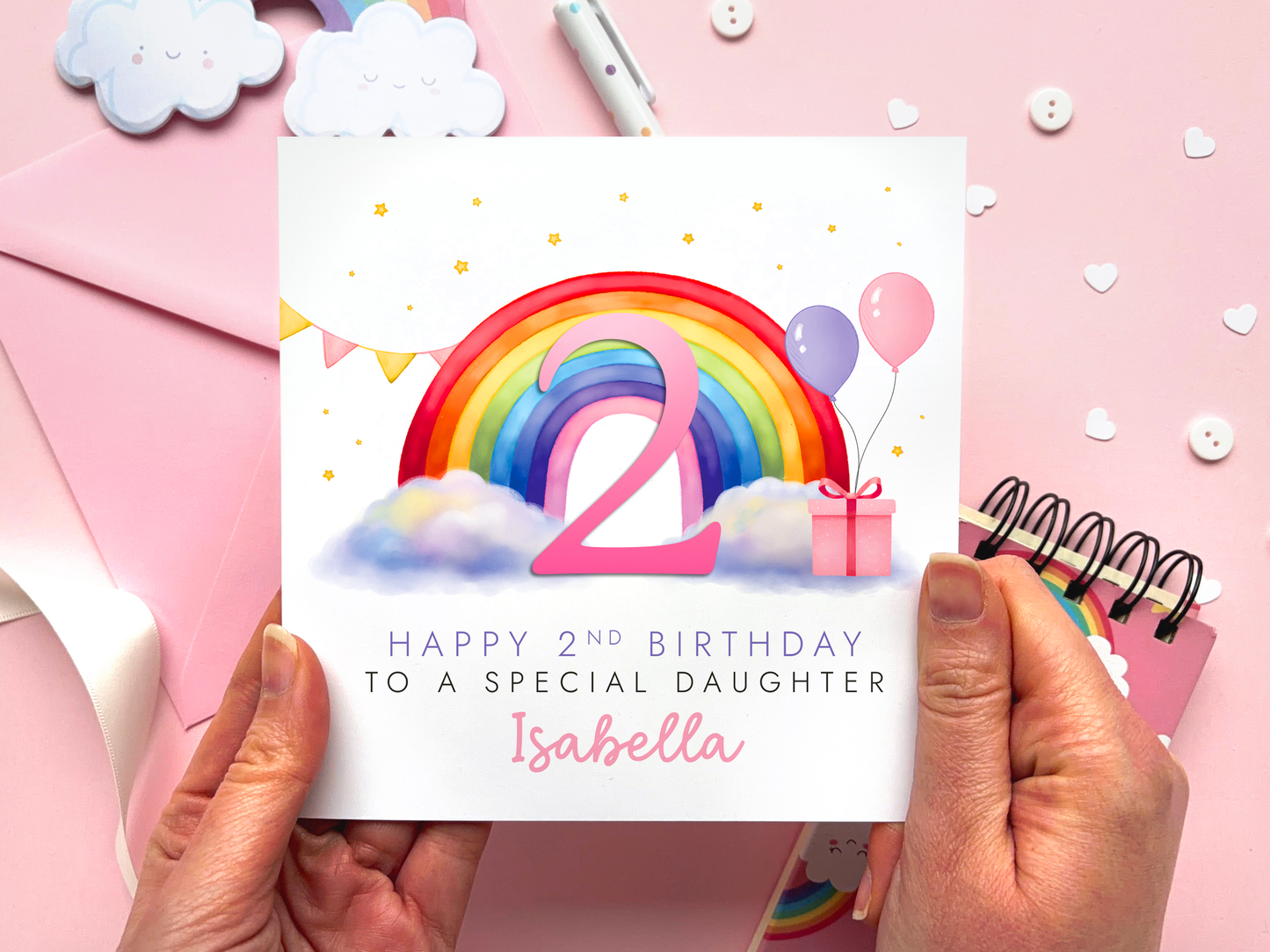 Personalised Rainbow 2nd Birthday Card for Daughter