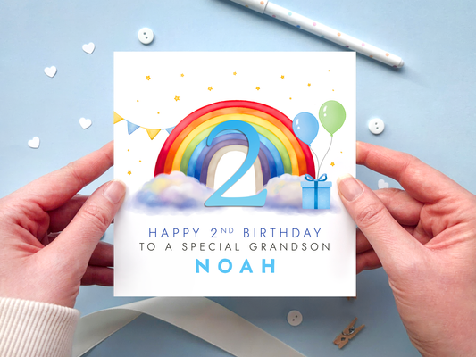 Personalised Rainbow 2nd Birthday Card for Grandson