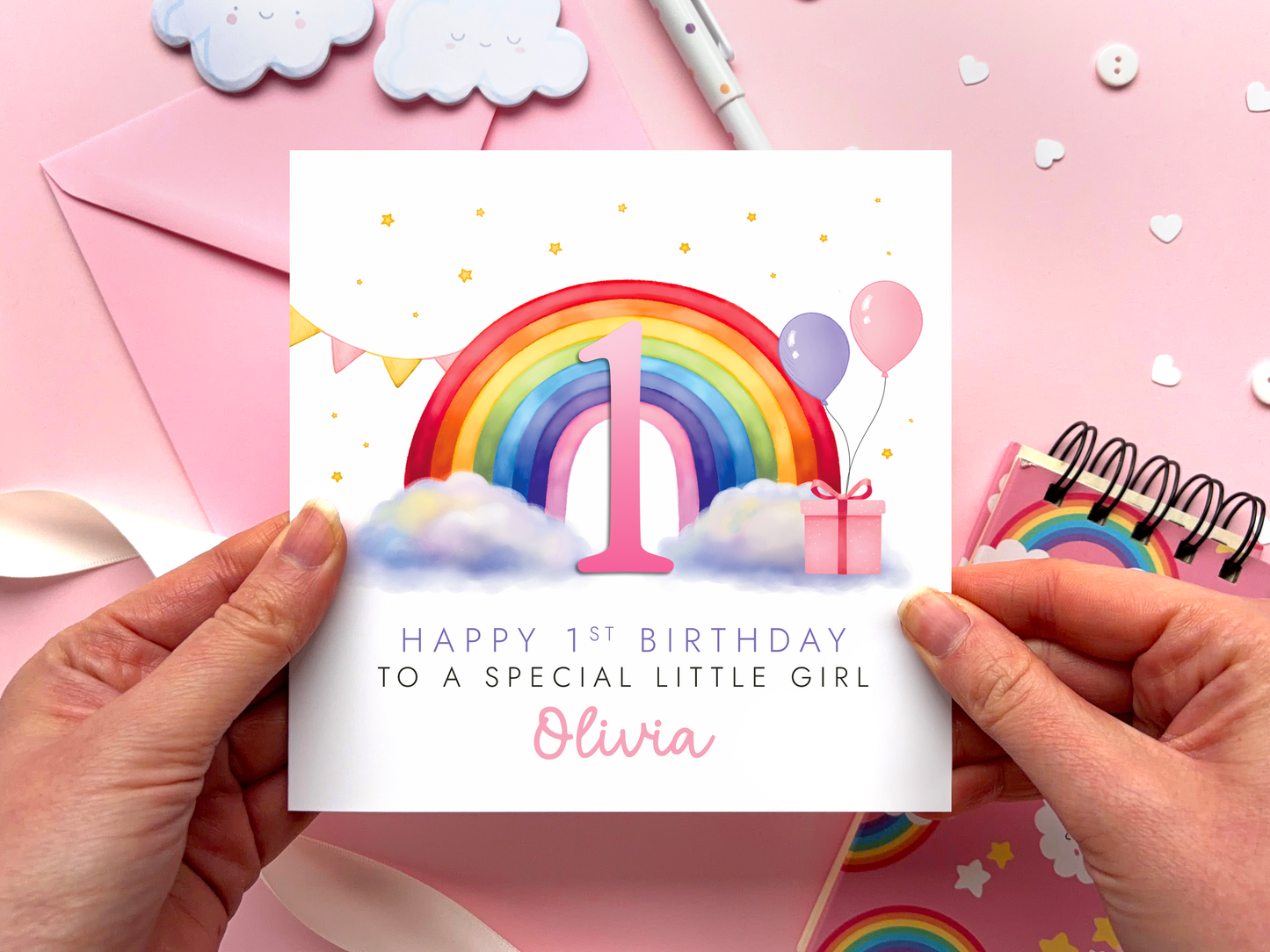 Personalised Rainbow 1st Birthday Card for Little Girl