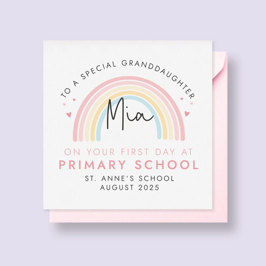 Personalised 1st day at primary school card for Granddaughter with a pink pastel rainbow theme. It can be personalised with any girl's name, school and starting date.
