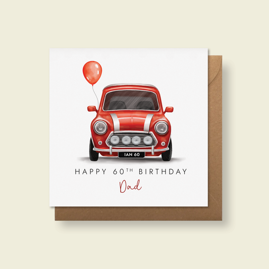 Personalised Red Classic Car Birthday Card, inspired by a red vintage mini. The card in the photo is a 60th birthday card for Dad.