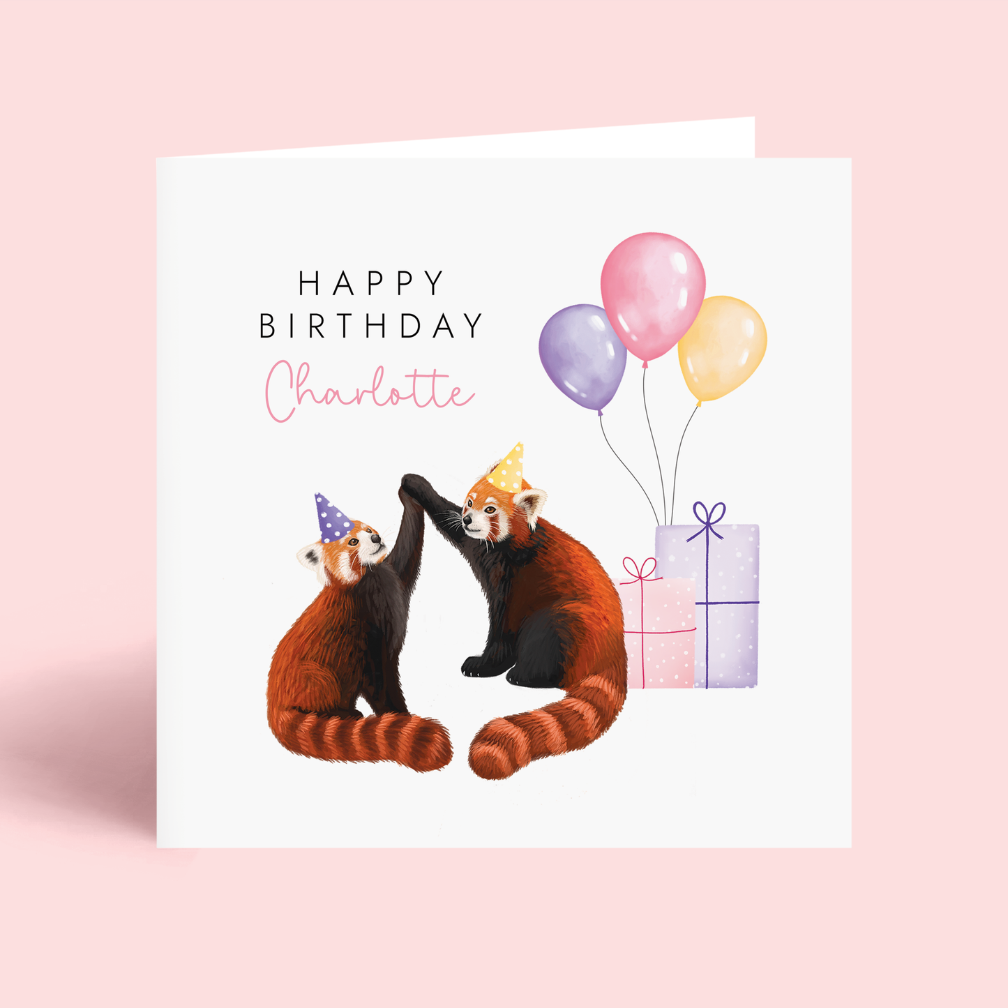 Personalised Birthday card with red pandas, balloons, and a gift