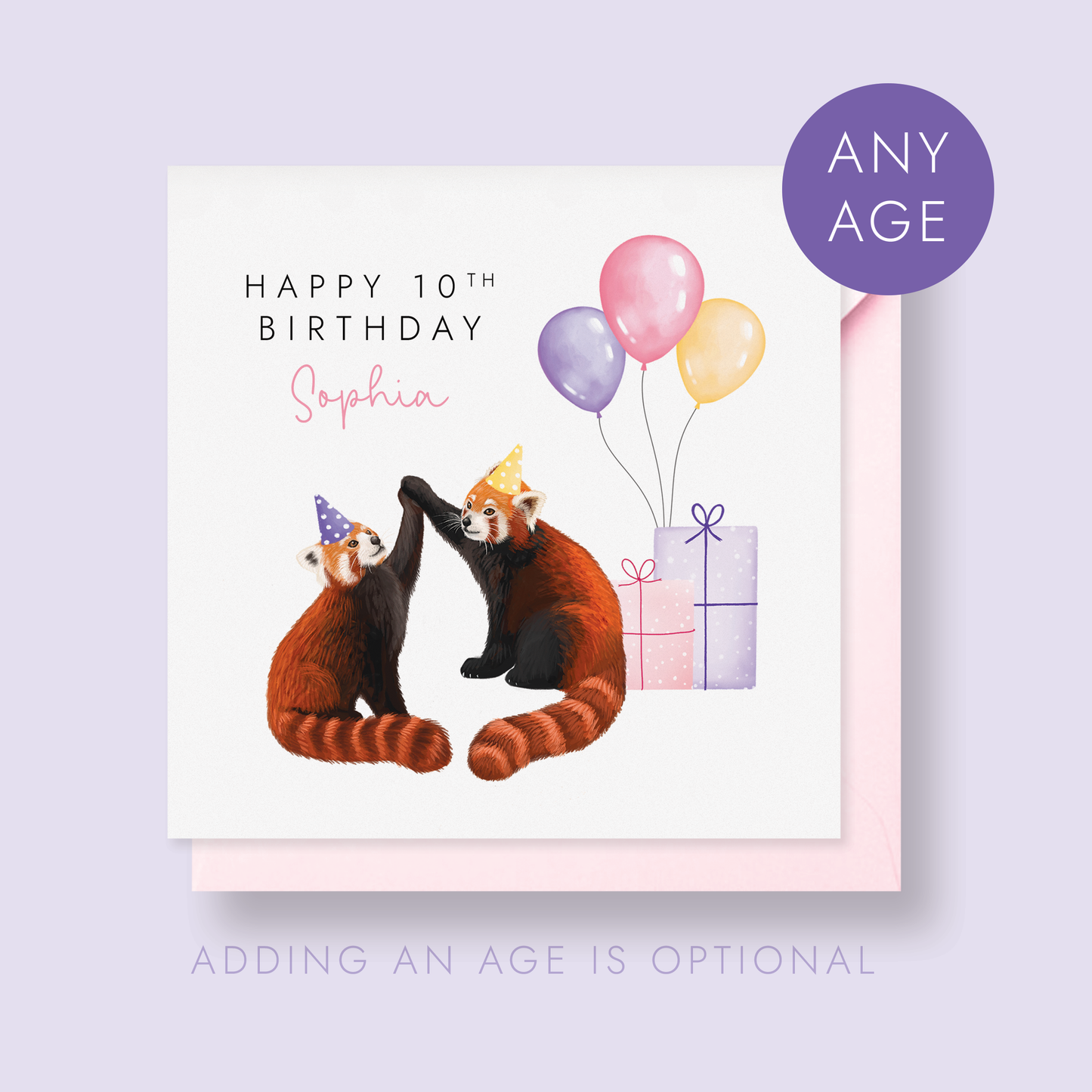Personalised Birthday card with red pandas, balloons, and a gift