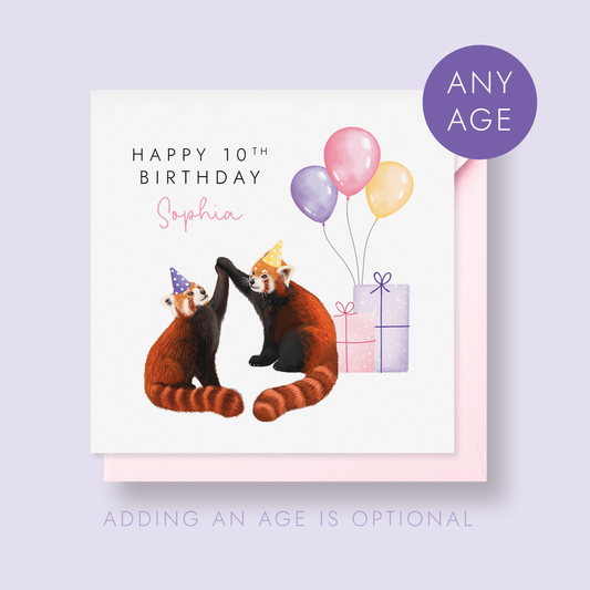 Personalised Birthday card with red pandas, balloons, and a gift