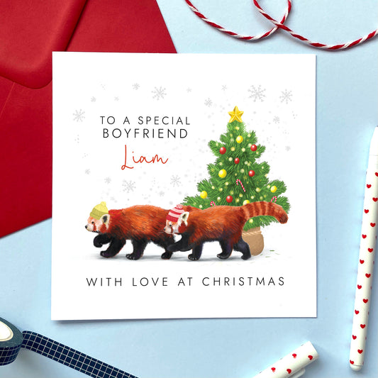 Personalised Red Pandas Christmas Card for Girlfriend