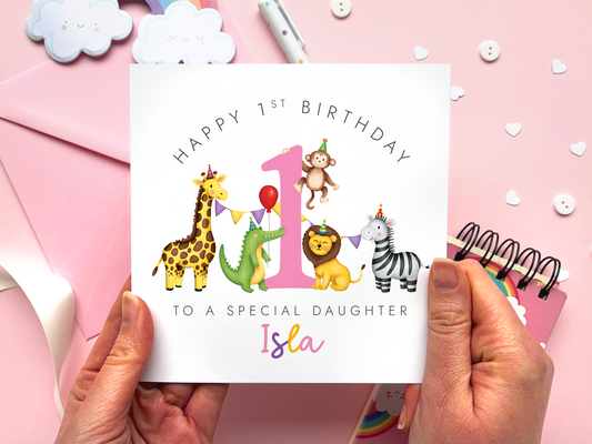 Personalised Safari 1st Birthday Card for Girl