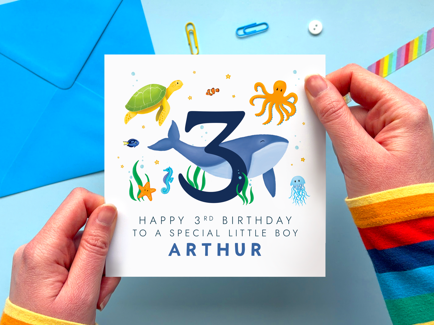 personalised sealife themed 3rd birthday card for a special ilittle boy with ocean creatures around the number 3