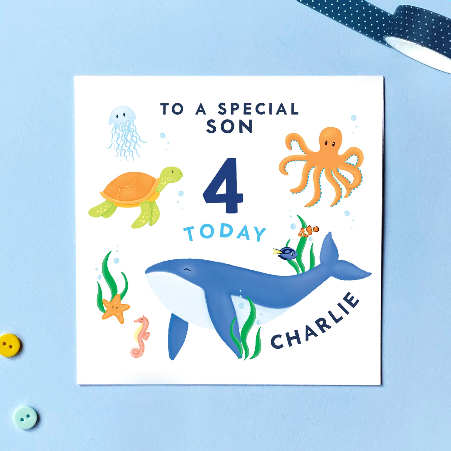 A personalised sealife themed birthday card for children. The design features a blue whale, turtle, octopus, clownfish, starfish, seahorse and jellyfish. It can be personalised with a name and any number. Suitable for a range of ages including 1st, 2nd, 3rd, 4th and 5th birthdays. It is suitable for both boy and girl - Son, Grandson, Nephew, Cousin, Niece, Granddaughter and Daughter.