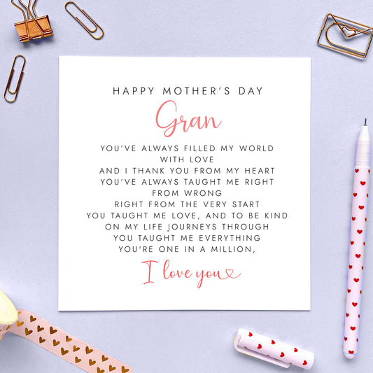 Sentimental Verse Mother's Day Card for Gran