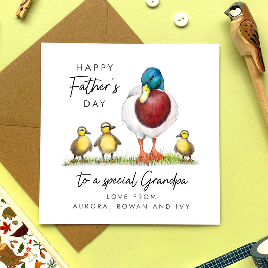 A personalised father's day card for Grandpa featuring a mallard duck and 3 baby ducklings. This card is from three children and can be customised with their names.
