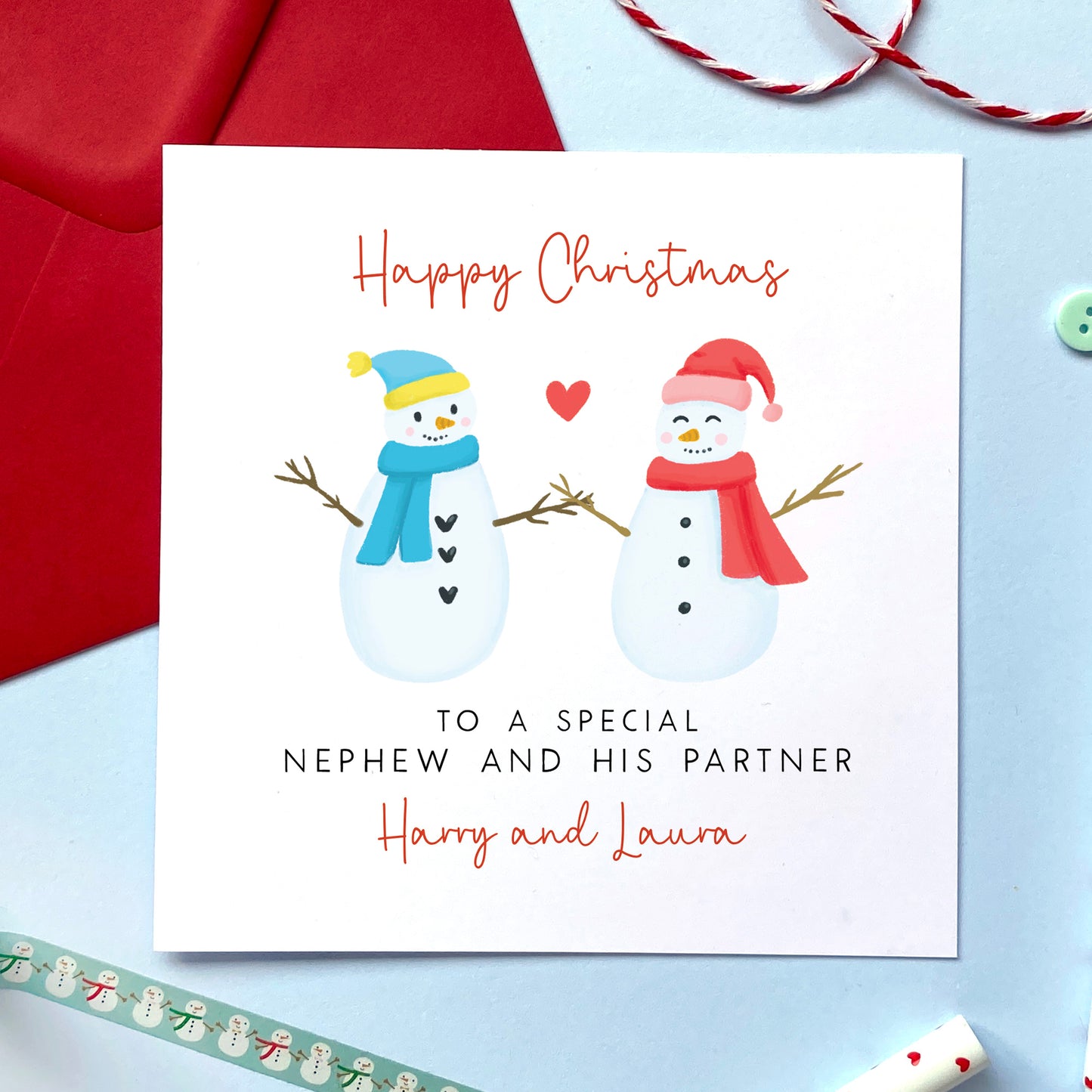 Snowmen Christmas Card for Nephew and Partner
