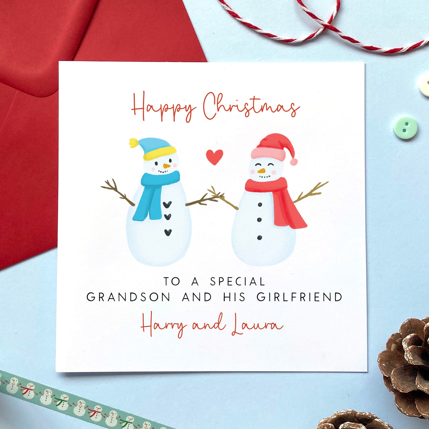 Snowmen Christmas Card for Grandson and Girlfriend