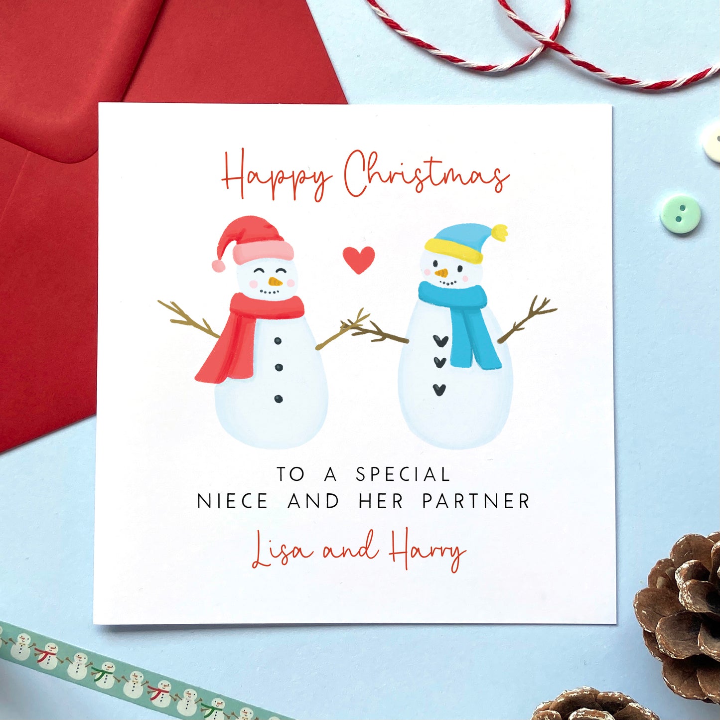A personalised snowman couple Christmas card for Niece and her Partner.
