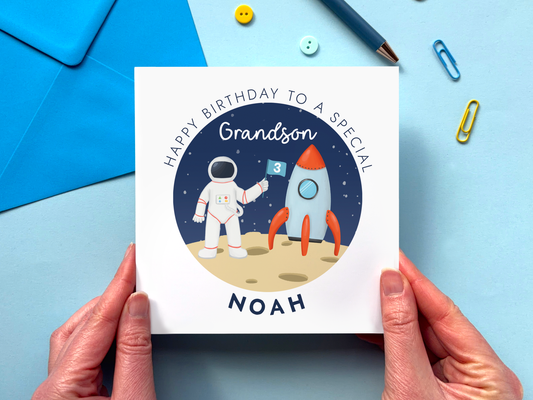 Personalised Birthday card for a special grandson with an astronaut and rocket design