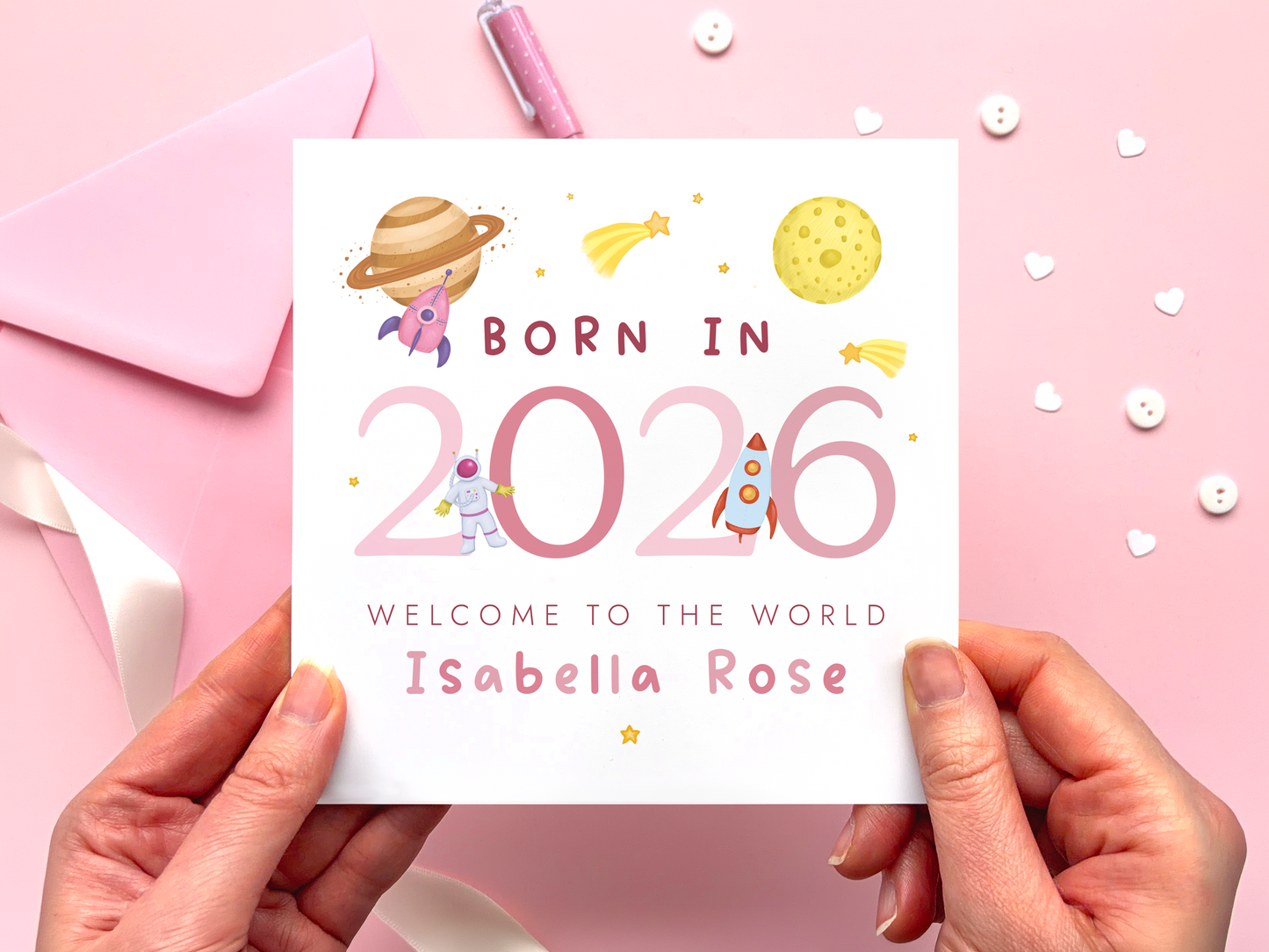 Personalised Space New Baby Card for Girl, Born in 2026, Welcome to the World