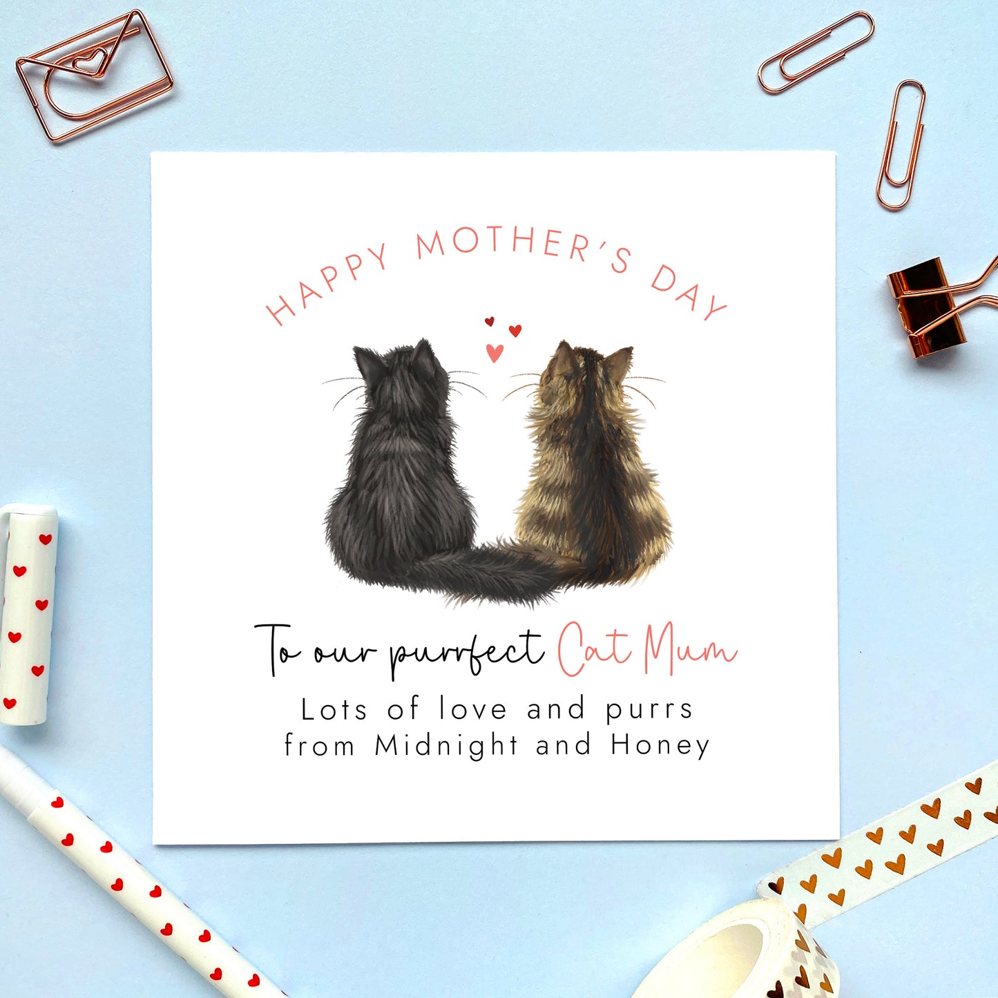 Personalised Choose the Two Cats Mothers Day Card for Cat Mum, black longhaired cat, brown longhaired tabby cat