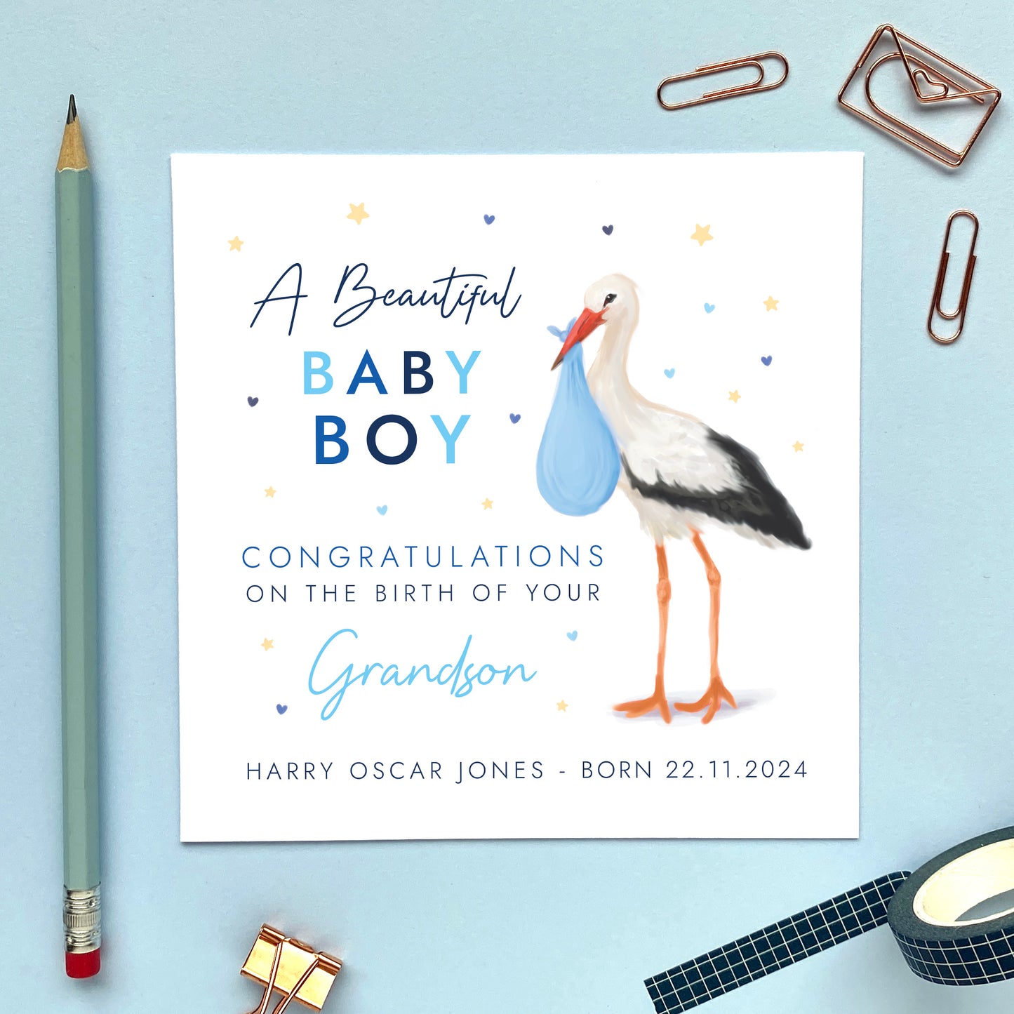 Personalised Stork New Baby Boy Card