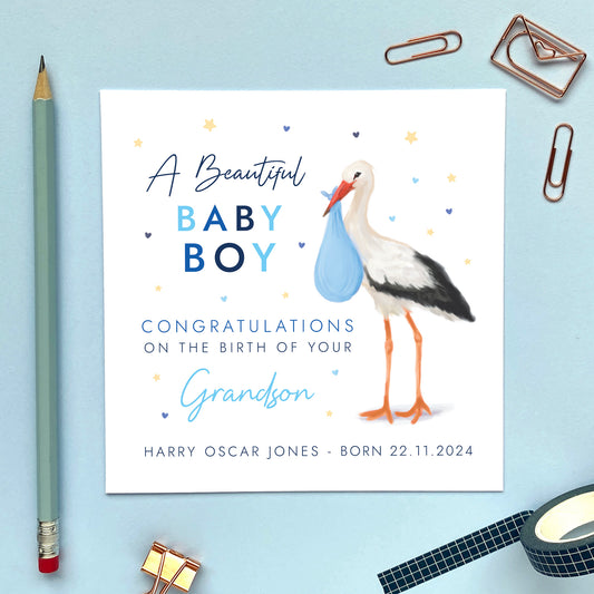 Personalised Stork New Baby Boy Card