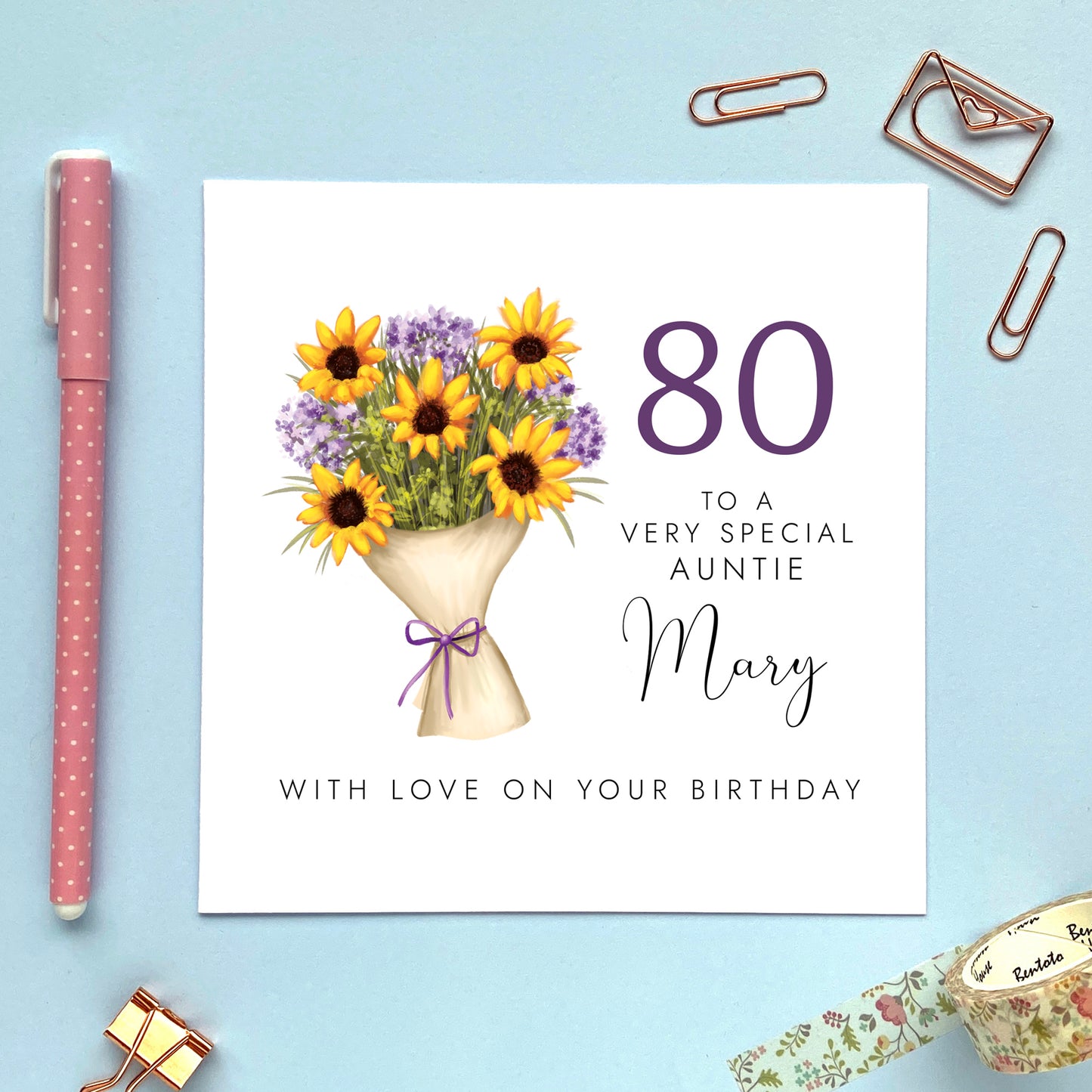 A pretty birthday card for Auntie featuring a colourful floral bouquet of sunflowers. Ideal for any Auntie including Aunt, Aunty and Great Auntie. It can be personalised with a name and age, including 50th, 60th 70th, 80th and 90th birthdays.