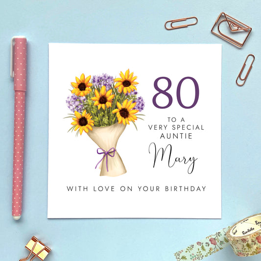 A pretty birthday card for Auntie featuring a colourful floral bouquet of sunflowers. Ideal for any Auntie including Aunt, Aunty and Great Auntie. It can be personalised with a name and age, including 50th, 60th 70th, 80th and 90th birthdays.