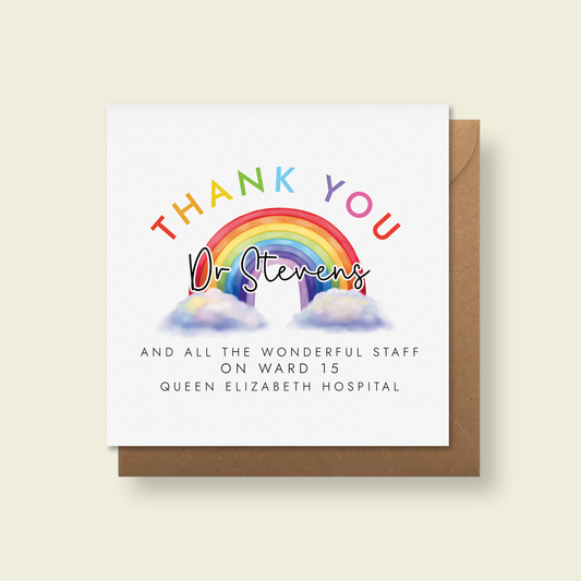personalised rainbow thank you card for doctor and hospital staff, to show appreciation after surgery.