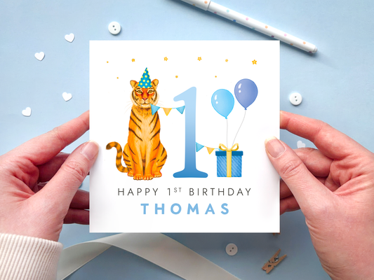 personalised tiger 1st birthday card for boys