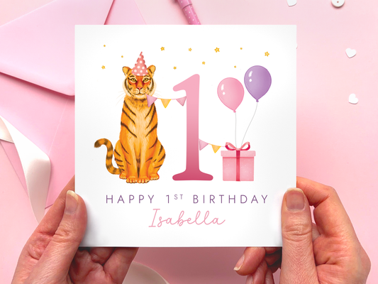 Personalised Tiger 1st Birthday Card for Girl