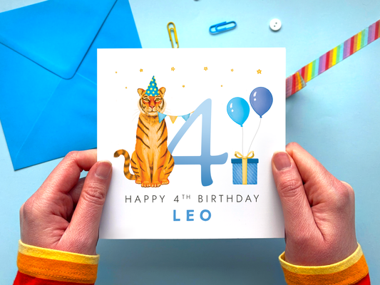 personalised tiger 4th birthday card for boys