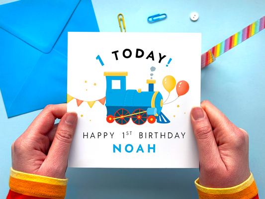 Personalised Blue Train 1st Birthday Card for Boy