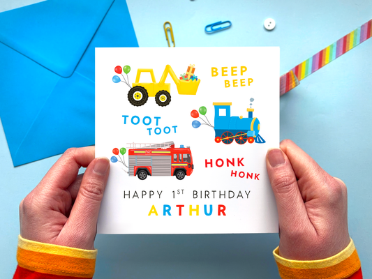 Personalised transport 1st birthday card with colourful vehicles for boy