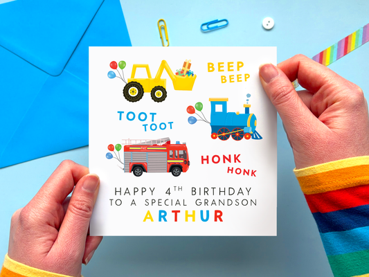 Personalised transport 4th birthday card for grandson with digger, train and fire engine