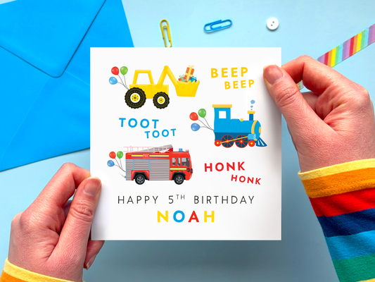 Personalised Transport 5th Birthday Card