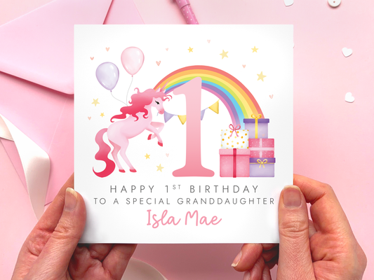 Personalised Unicorn Rainbow 1st Birthday Card for special Granddaughter
