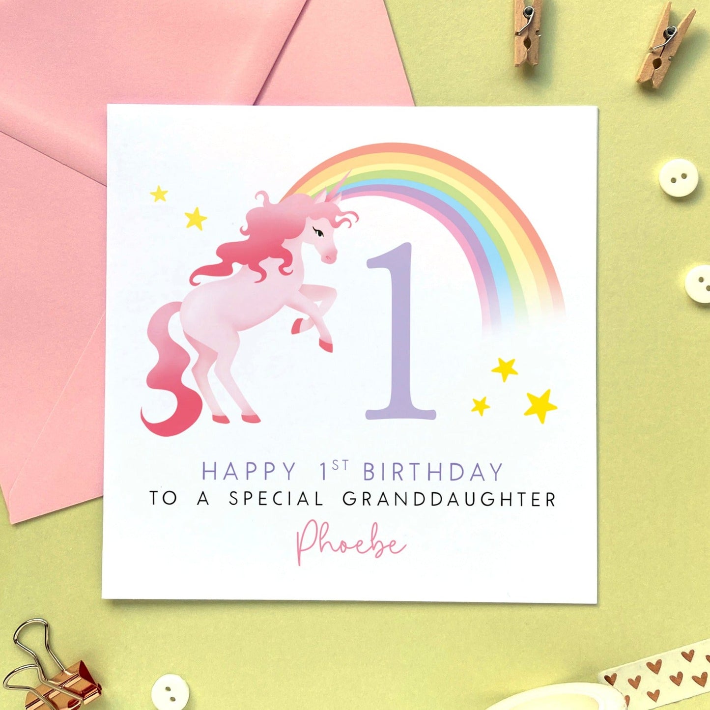 personalised unicorn 1st birthday card for girl - for granddaughter, daughter, niece, sister, little girl, baby, first birthday card - rainbow, cute, pink, special, handmade, 1st birthday card for granddaughter